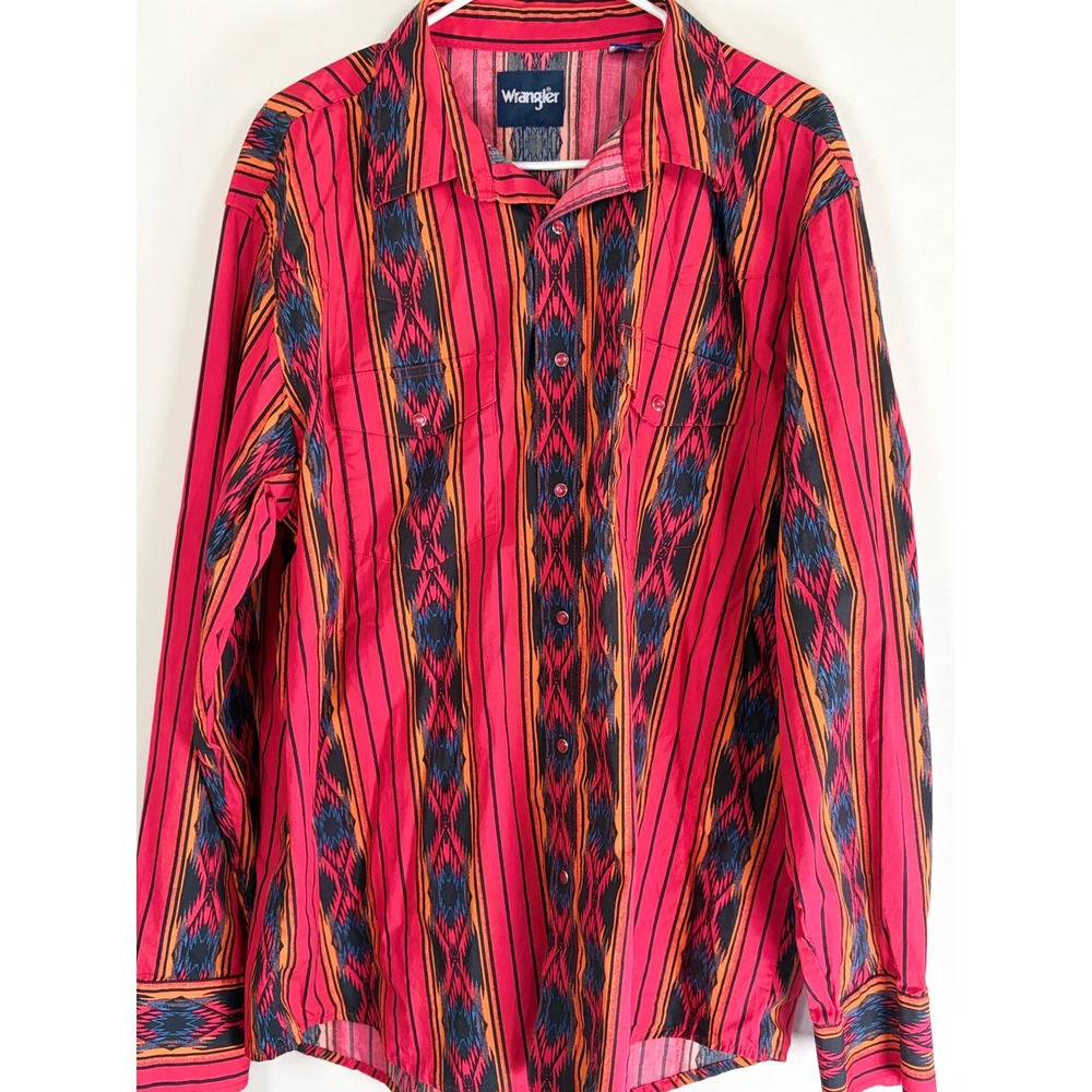 Wrangler Mens Western Snap Shirt Red Southwestern Tribal Stripe Long Sleeve L